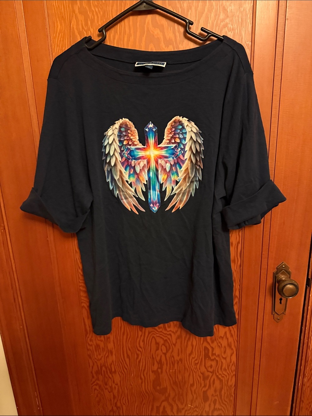 Karen Scott Black Short-Sleeve Tee with Multicolor Winged Cross Graphic